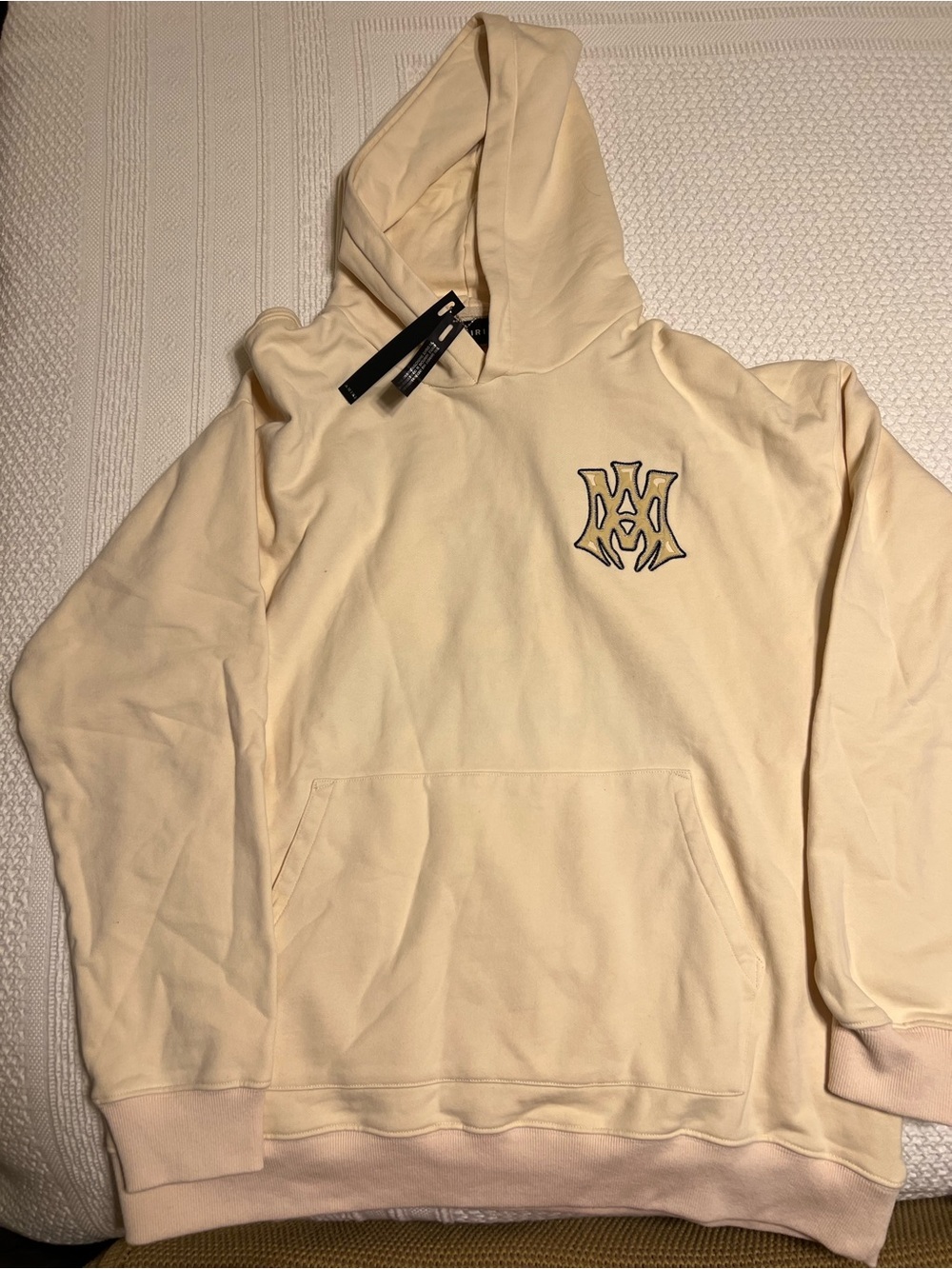 AMIRI Cream V-Neck Embroidered Logo Hoodie